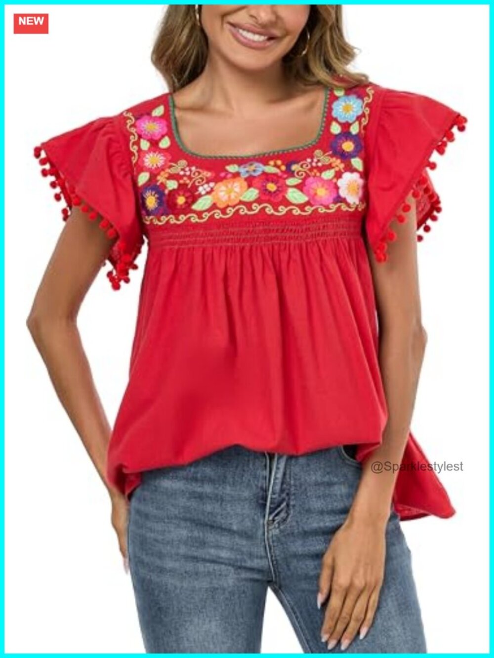 Embroidered Mexican Peasant Blouse Short Sleeve Cotton Summer Top